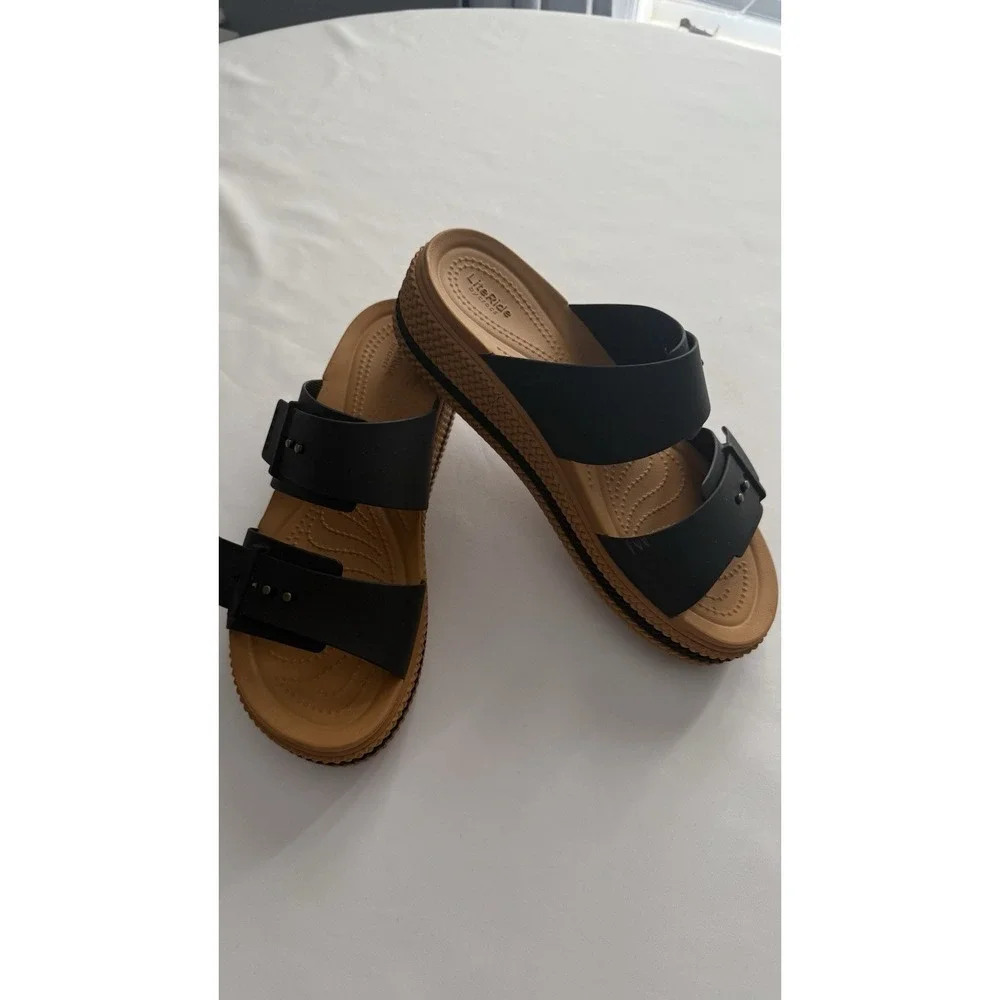 Crocs Women's Brooklyn Buckle Low Wedge Heels In A Size 10 EUC BLACK sandals